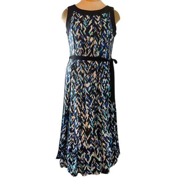Perceptions New York Women's Large Black Blue White Dress Sleeveless A-Line Tie - Picture 1 of 12